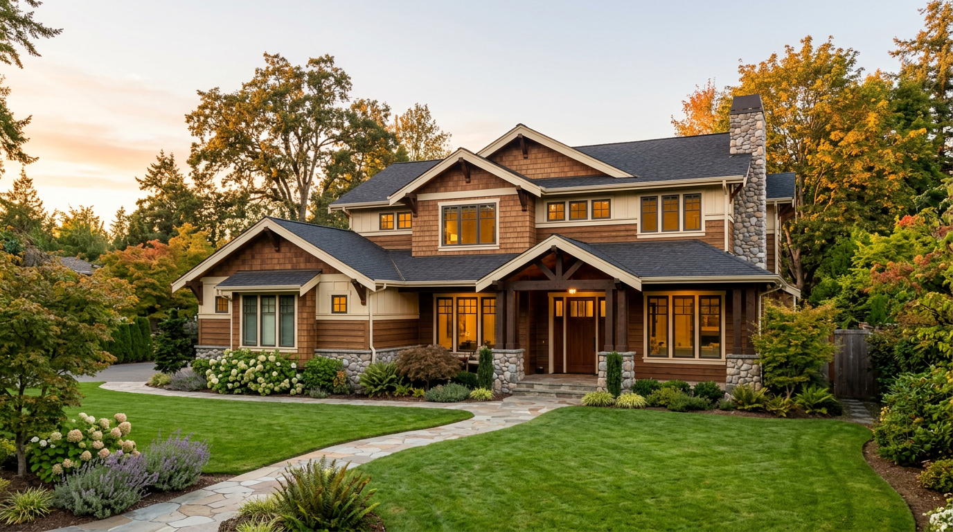 Craftsman-style family home at golden hour with a manicured front lawn