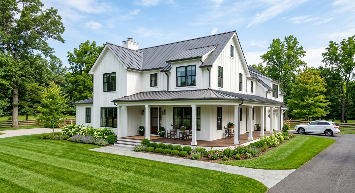 White modern farmhouse with black window frames and a wraparound porch