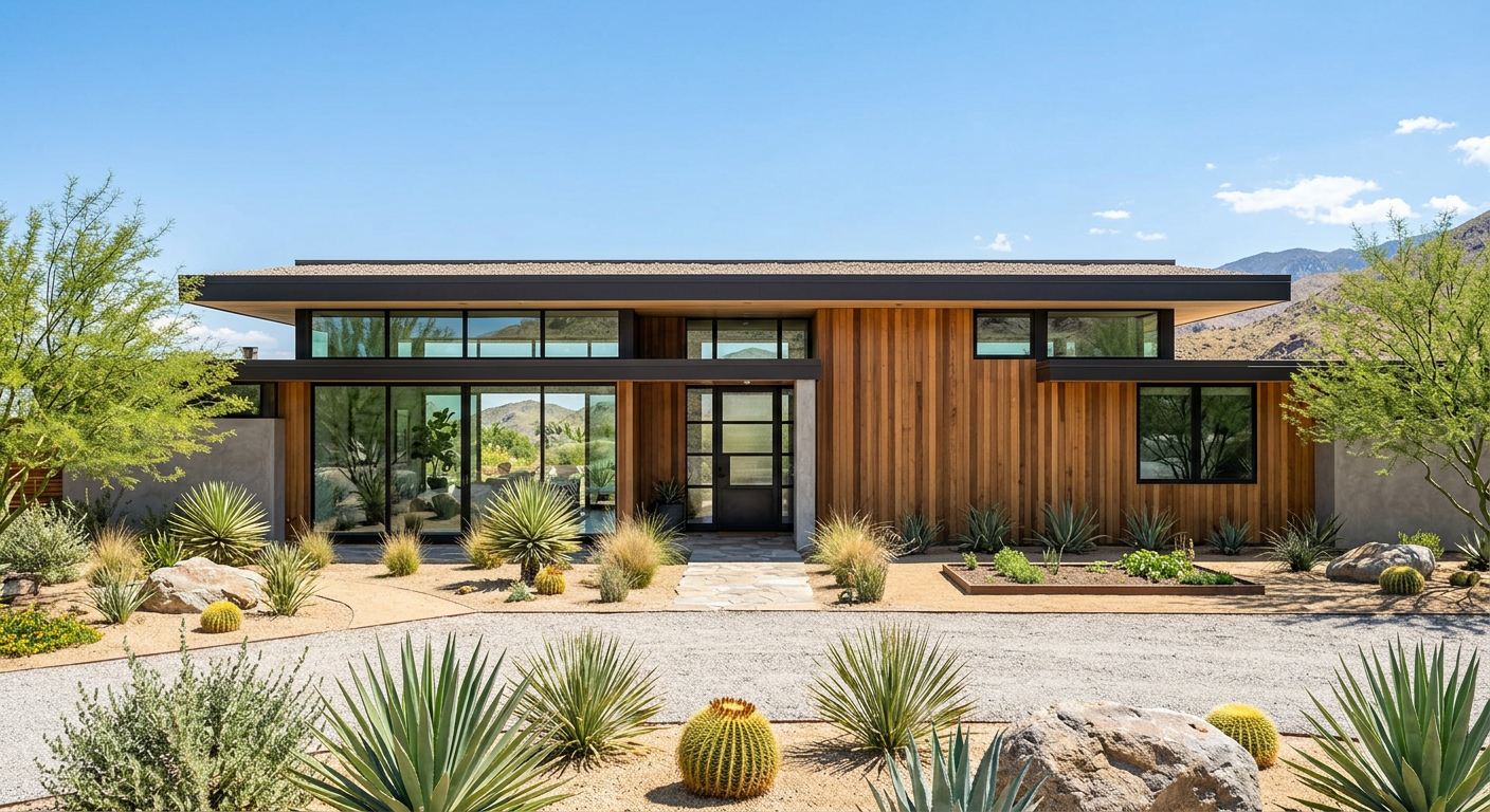 Mid-century modern single-story home with floor-to-ceiling windows and desert landscaping