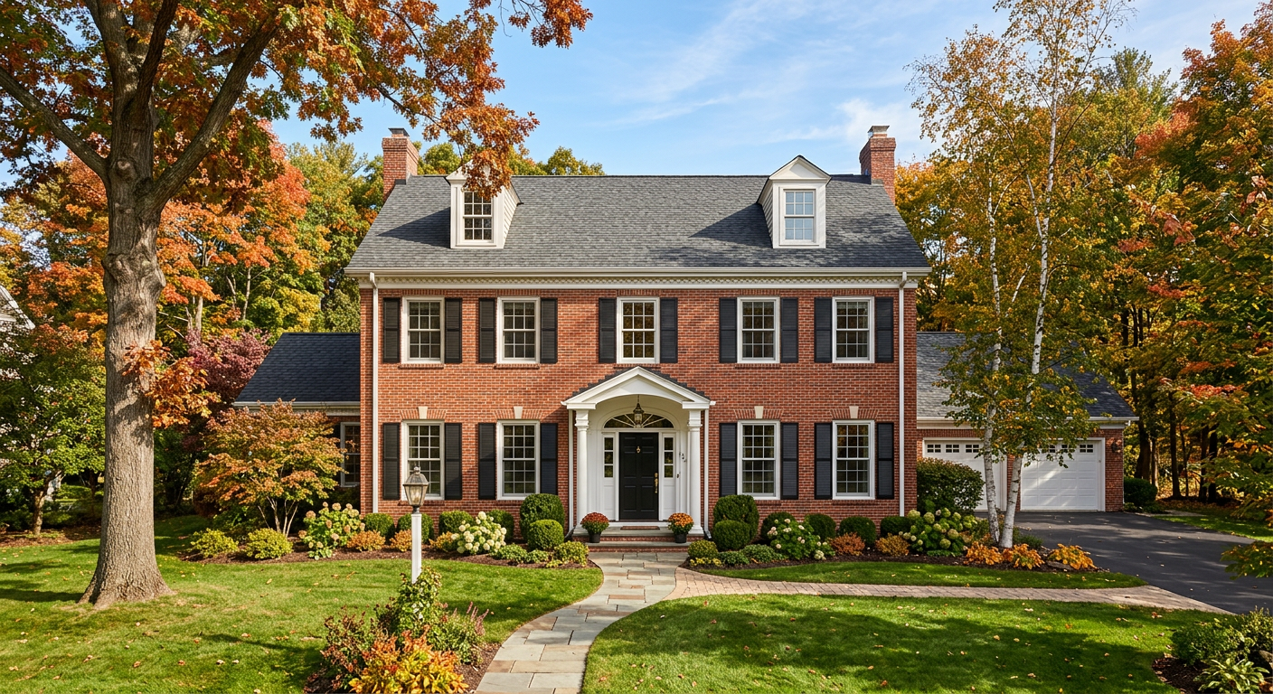 Red brick colonial house with white shutters surrounded by mature trees