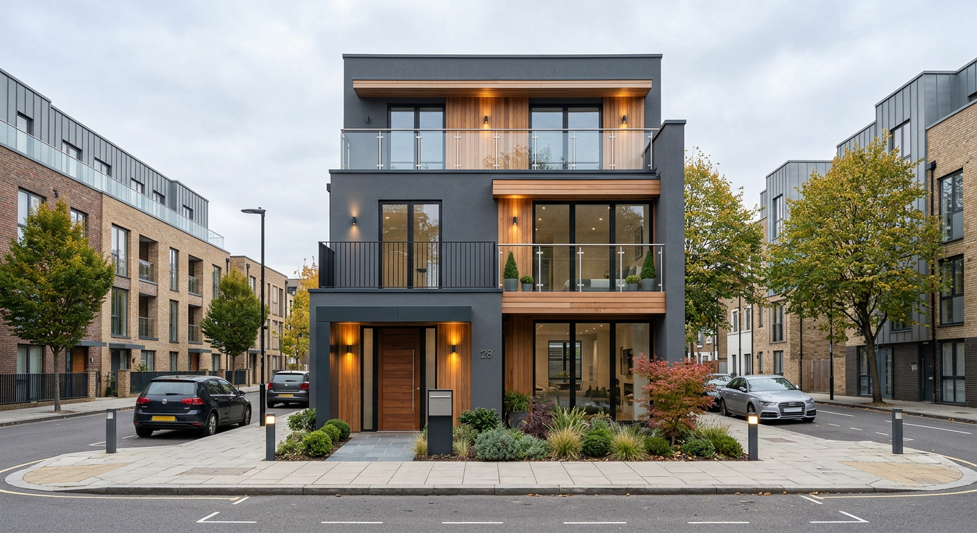 Modern three-story townhouse with dark facade and wood accents