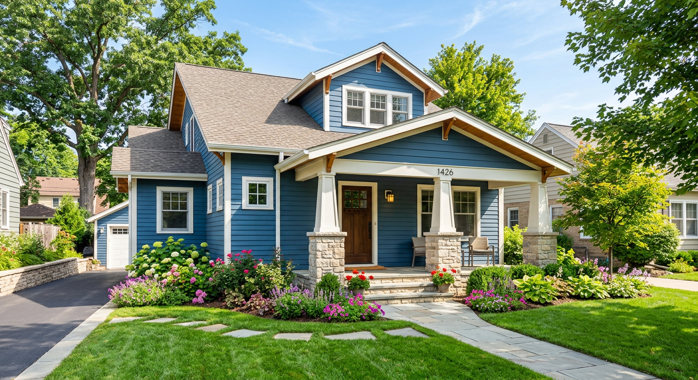 Blue craftsman bungalow with a covered front porch and stone columns
