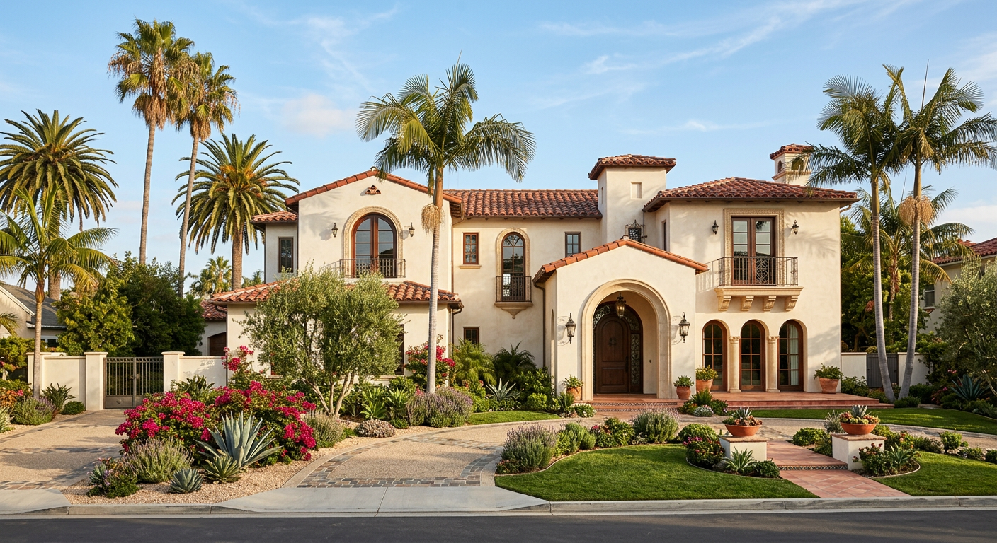 Spanish revival stucco home with terracotta roof and palm trees