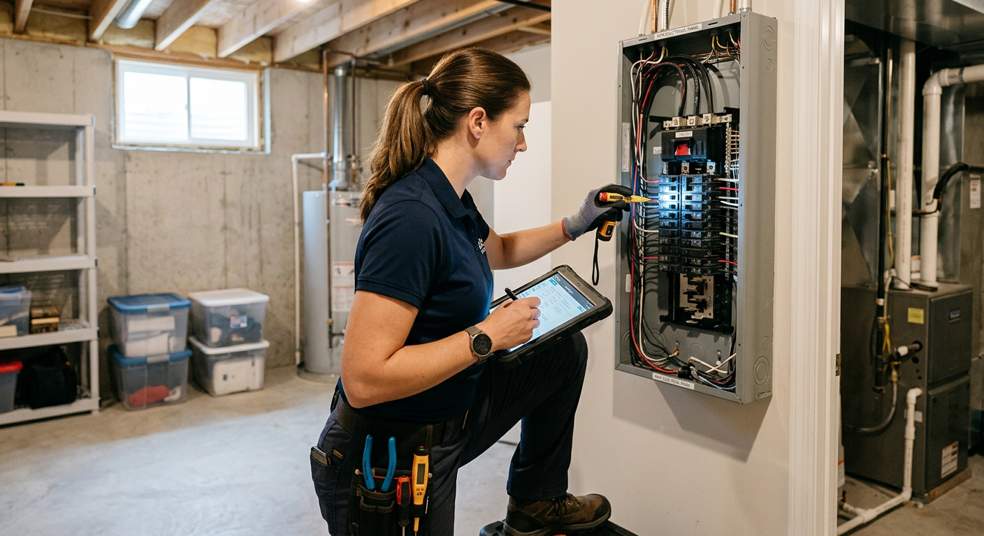 A home inspector reviewing an electrical panel with a tablet
